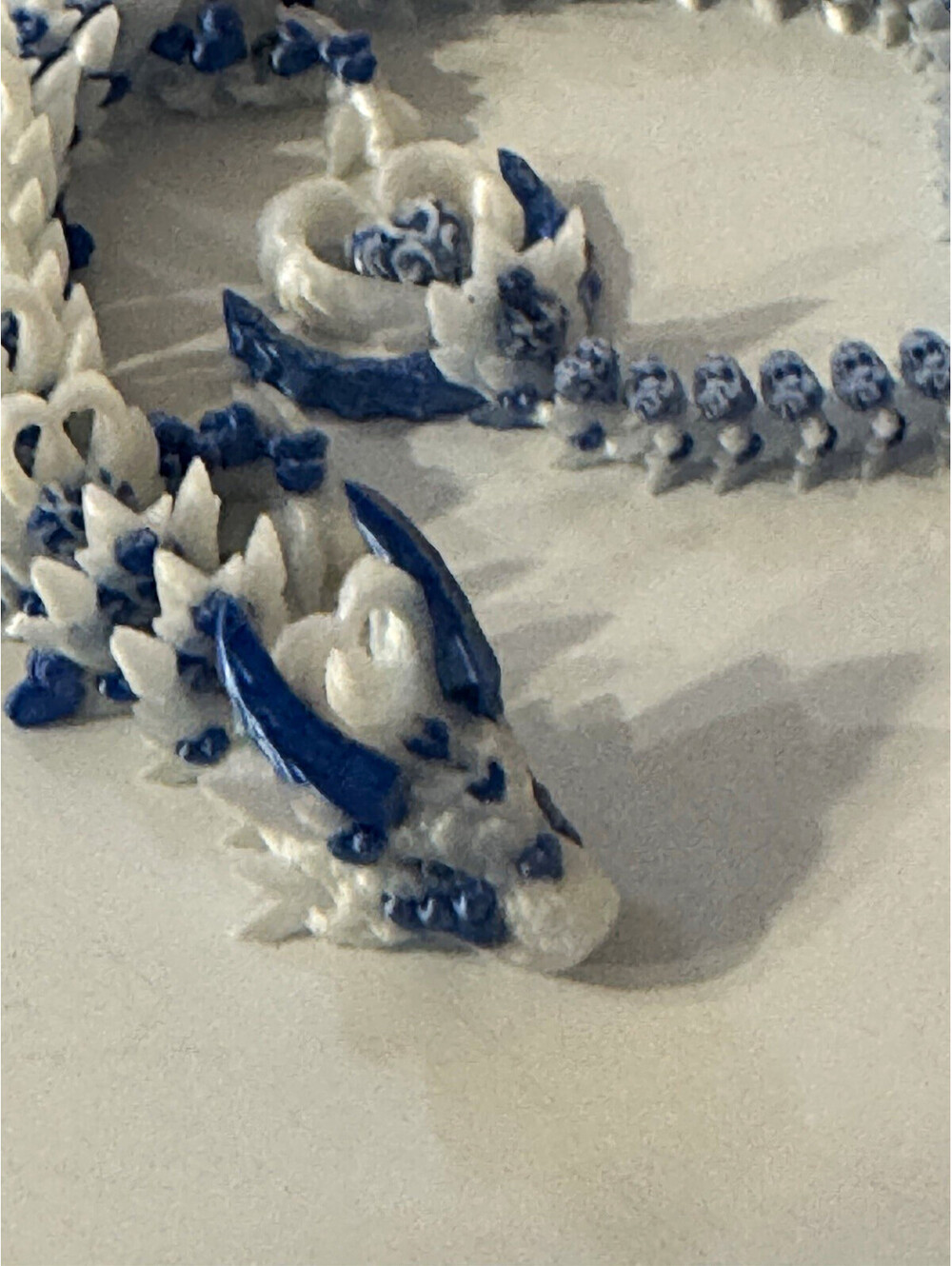 3D Printed Articulated Bone Dragon Blue White Flexi Fidget Toy 12 Inch